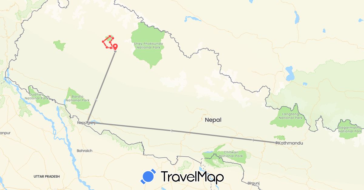 TravelMap itinerary: driving, plane, hiking in Nepal (Asia)